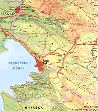 Small map of hinterland of the Trieste bay in the Adriatic sea, where Karst (Kras) region is located  (11 kb)